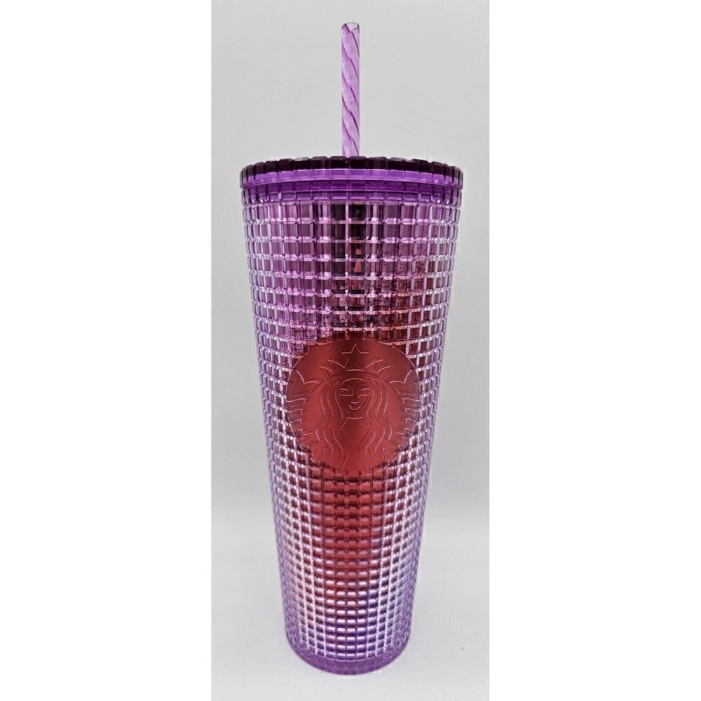 STARBUCKS Summer 2021 Pink and Purple Grid Tumbler 24oz Cold Cup Pre-owned
